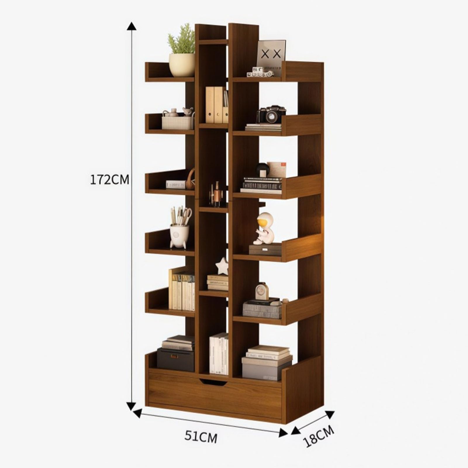 Estantería Vertical de 6 Niveles,Librería con Cajón,Estantería de Pie de Madera de Ingeniería,Gran Capacidad de Almacenamiento,51 X 18 X 172 Cm, para Salón,Dormitorio y Oficina C