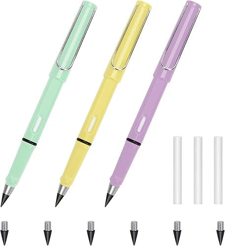 Catcan 3 lápices eternos reutilizables, exquisito lápiz eterno sin tinta, bolígrafo de escritura ilimitado, lápiz infinito borrable con 6 puntas de