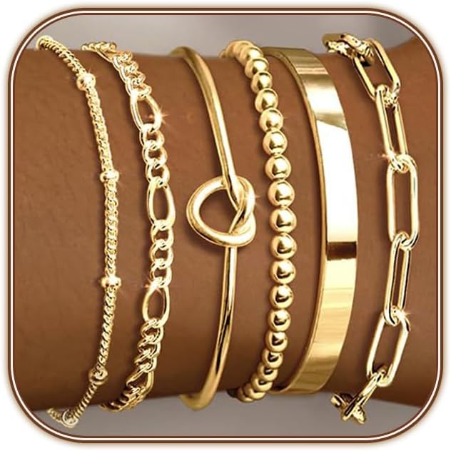 Gold Bracelets for Women 18k Gold Plated Bracelet Stack Bangle Cuff Bracelet Set for Women Non Tarnish Beaded/Paperclip/Cuban Link Chain Bracelets Jewelry for Women Girls Trendy