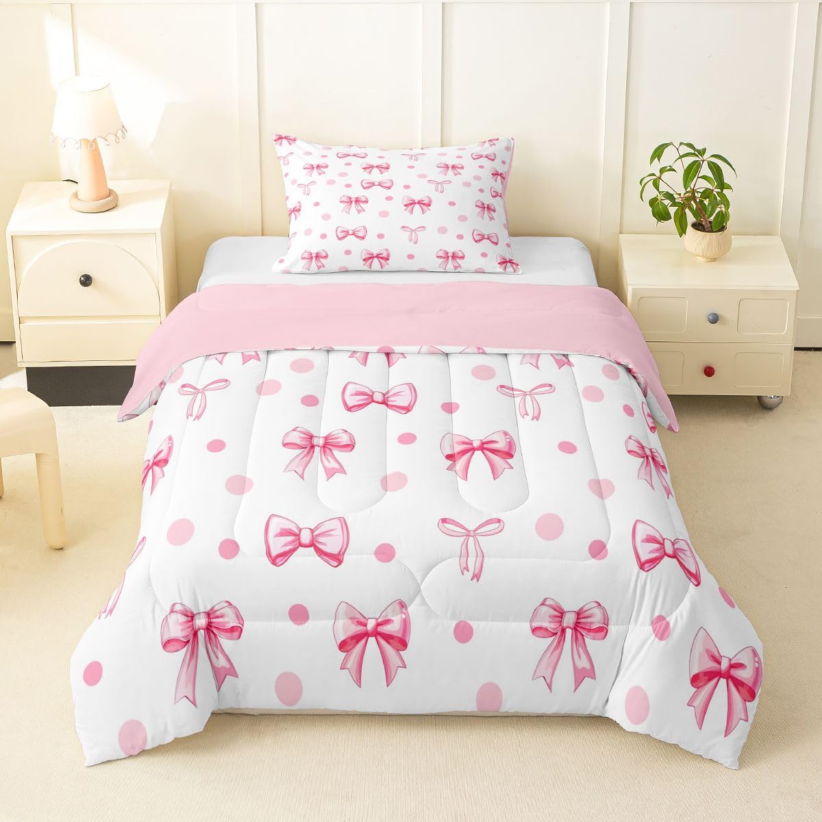 Erosebridal Pink Bow Comforter Set Toddler Bed Sets for Girls Kids, Princess Bow Tie Bedding Set Cute Kawaii Room Decor, Pink and White Polka Dot Bowknot Soft Bedding Comforter Sets with 1 Pillowcase