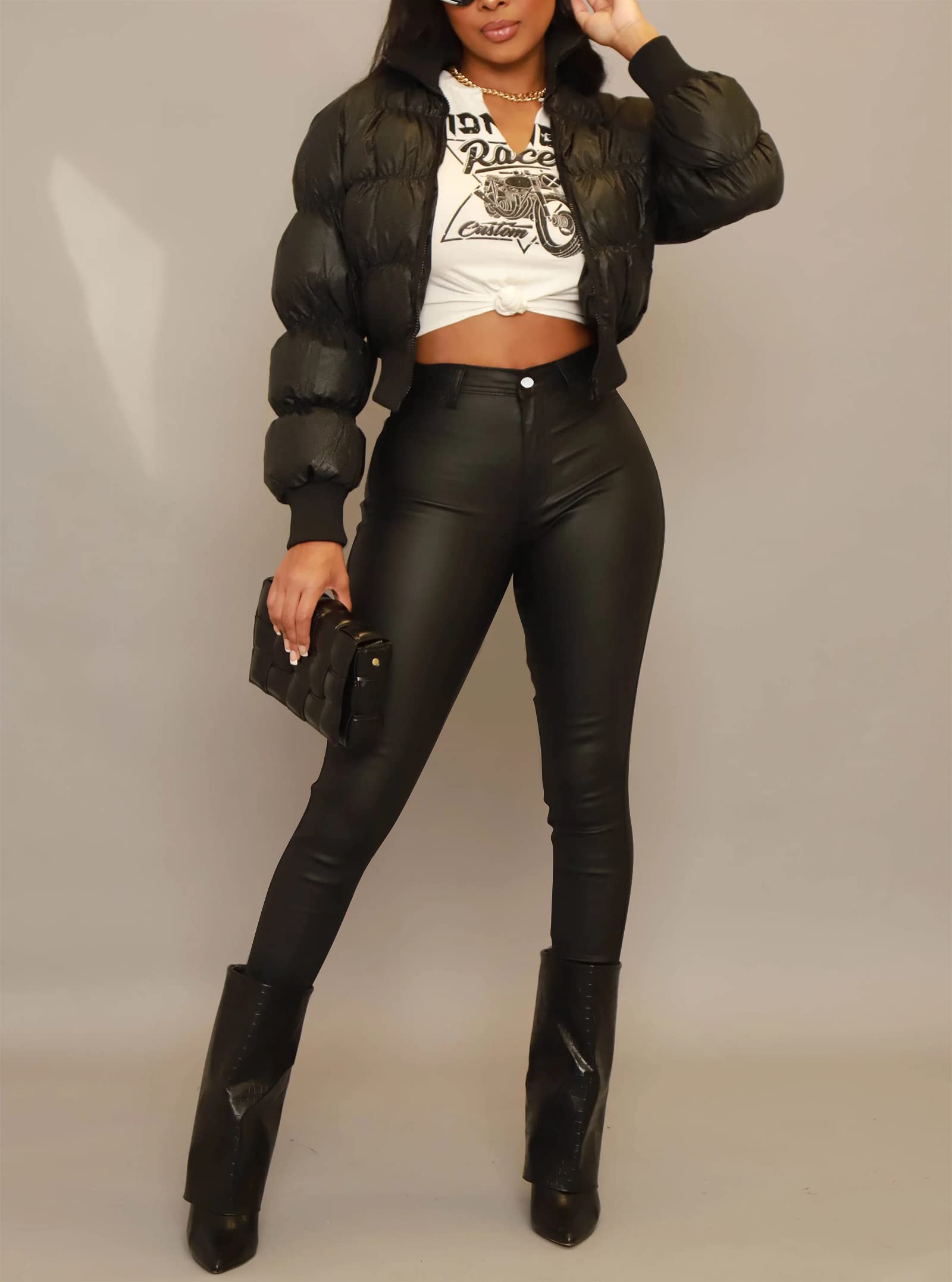 Zebaexf Legging en Cuir synthétique pour Femme, Pantalon en Cuir Extensible Taille Haute Noir, Noir Mat, Taille L