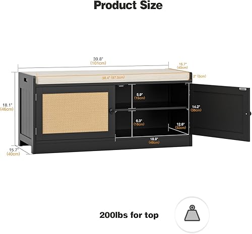 Miniatura 2 de Anmytek Banco de zapatos de ratán, banco de entrada con almacenamiento de zapatos, banco de madera con asiento acolchado y estantes ajustables,