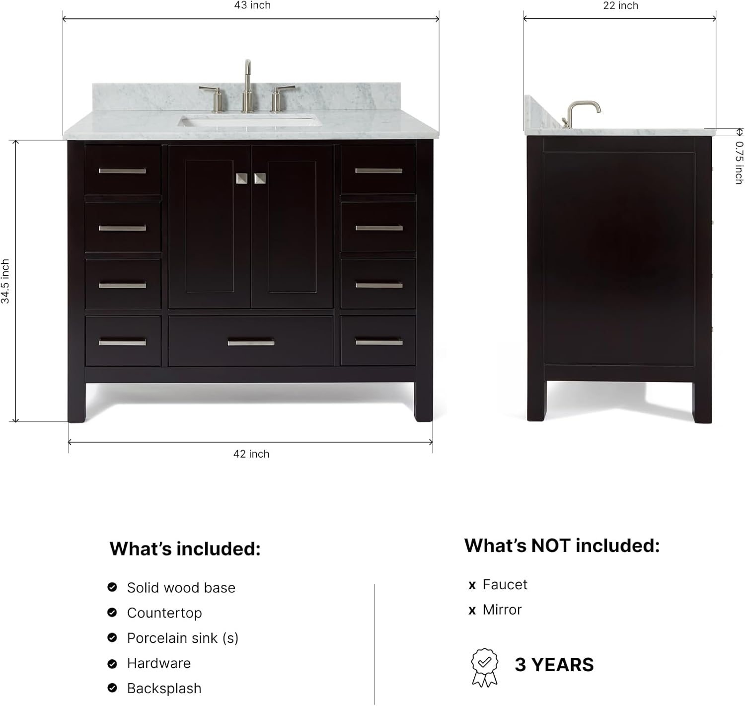 ARIEL Cambridge 42-inch Bathroom Vanity with Sink,Solid Wood, 0.75-inch Italian Carrara Marble Countertop, Single Rectangular Porcelain Sink, 2 Soft Closing Doors, 9 Dovetail Drawers, Espresso