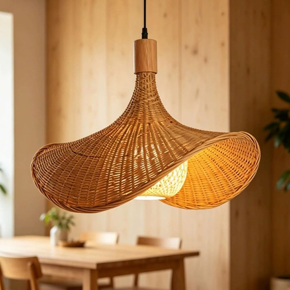 CSSYKV Bamboo Pendant Light, Boho Style Wicker Hat Lights Coastal Beach Decor Restaurant Chandeliers Large Beige Rattan Chandelier Fixture, Wicker Hanging Pendant Lights for Dining Living Foyer