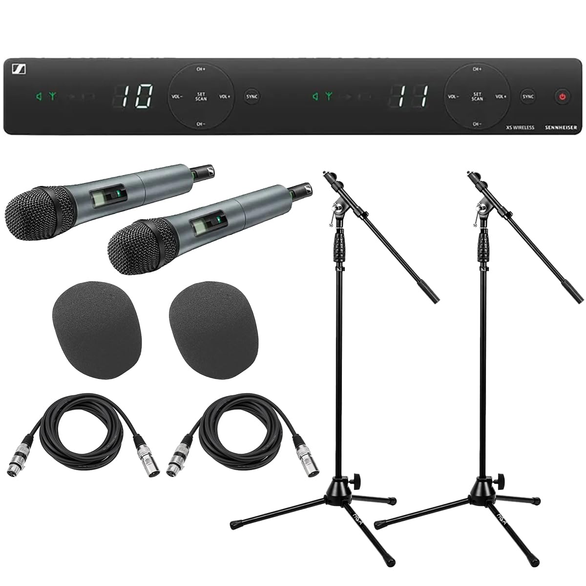 Sennheiser Wireless Dual-Vocal Set, Includes 2X SKM 835-XSW-A Handheld Microphones and EM- 1 -Channel Stationary Receiver, Bundle with Tripod Mic Stand, H&A XLR M to F Cable - 10', Foam Windscreen