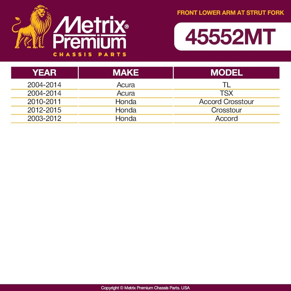 Metrix Premium Chassis Parts - Front Lower Arm At Strut Fork Control Arm Bushing Fits 04-14 Acura TL, 04-14 TSX, 10-11 Honda Accord Crosstour, 12-15 Crosstour, 03-12 Accord, K200014, Made in Europe