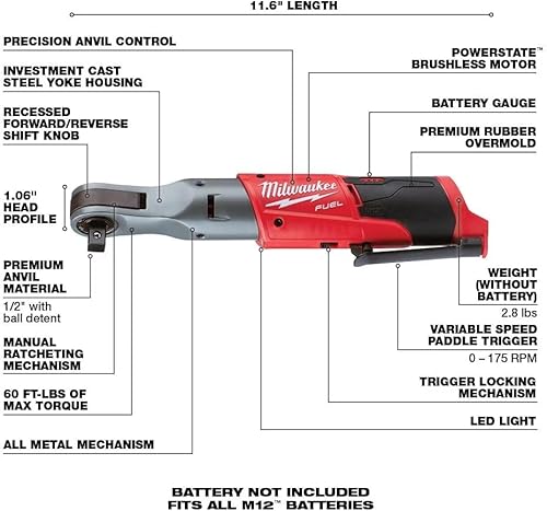 Miniatura 2 de Milwaukee Electric Tools 2558-20 Trinquete de combustible M12 1/2" (solo herramienta)