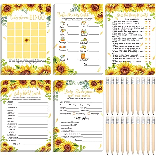 Image of Yinder 145 Pcs Baby Shower Games Activities Cards with 20 Pencils Includes Baby Bingo Description and Wishes Guess Who Price is Right Word Scramble Game(Sunflower)