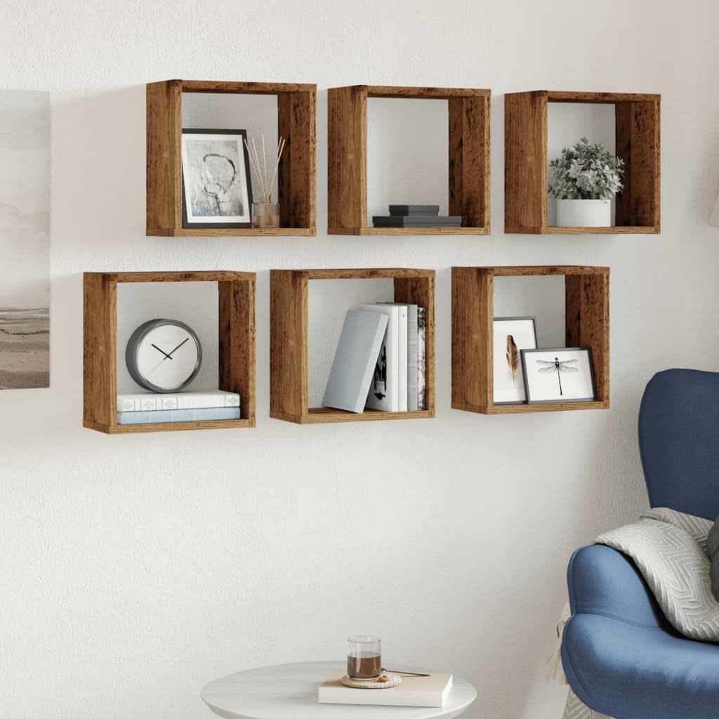 SYDE Mensole a cubo da parete, 6 pezzi, in legno invecchiato, 30 x 15 x 30 cm | Legno di ingegneria resistente, montaggio a parete, salvaspazio, facile da pulire, per soggiorno e camera da letto