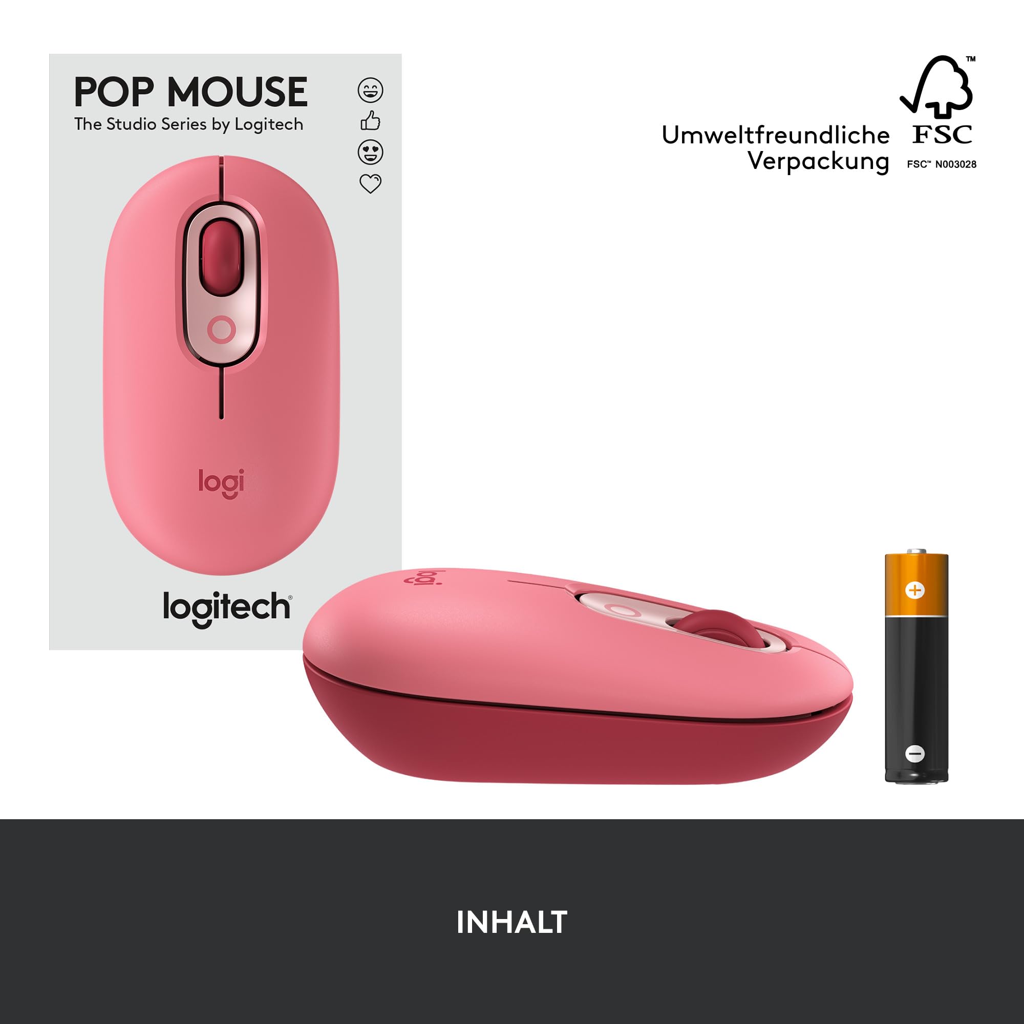 Logitech POP Mouse, Kabellose Maus mit anpassbaren Emojis, SilentTouch-Technologie, Präzises/schnelles Scrollen, Kompakt, Bluetooth, USB, Multi-Device, OS-kompatibel - Heartbreaker