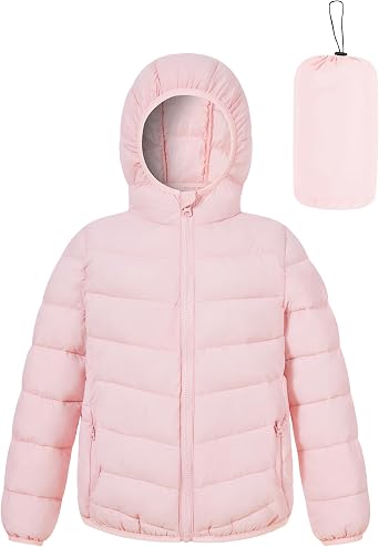 Lovekider Girls Winter Coat Puffer Jacket - Lightweight & Packable Pink Coats with Hood - Size 4-5 Warm Outerwear with Pocket