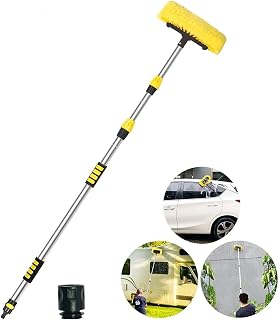Buyplus Car Wash Brush with Long Handle - 12 Foot Telescopic Flow Through Car Washing Brush with Hose Attachment, Soft Bristle Head for RV, Trucks, No Scratch Dip Car Cleaning Water Brush