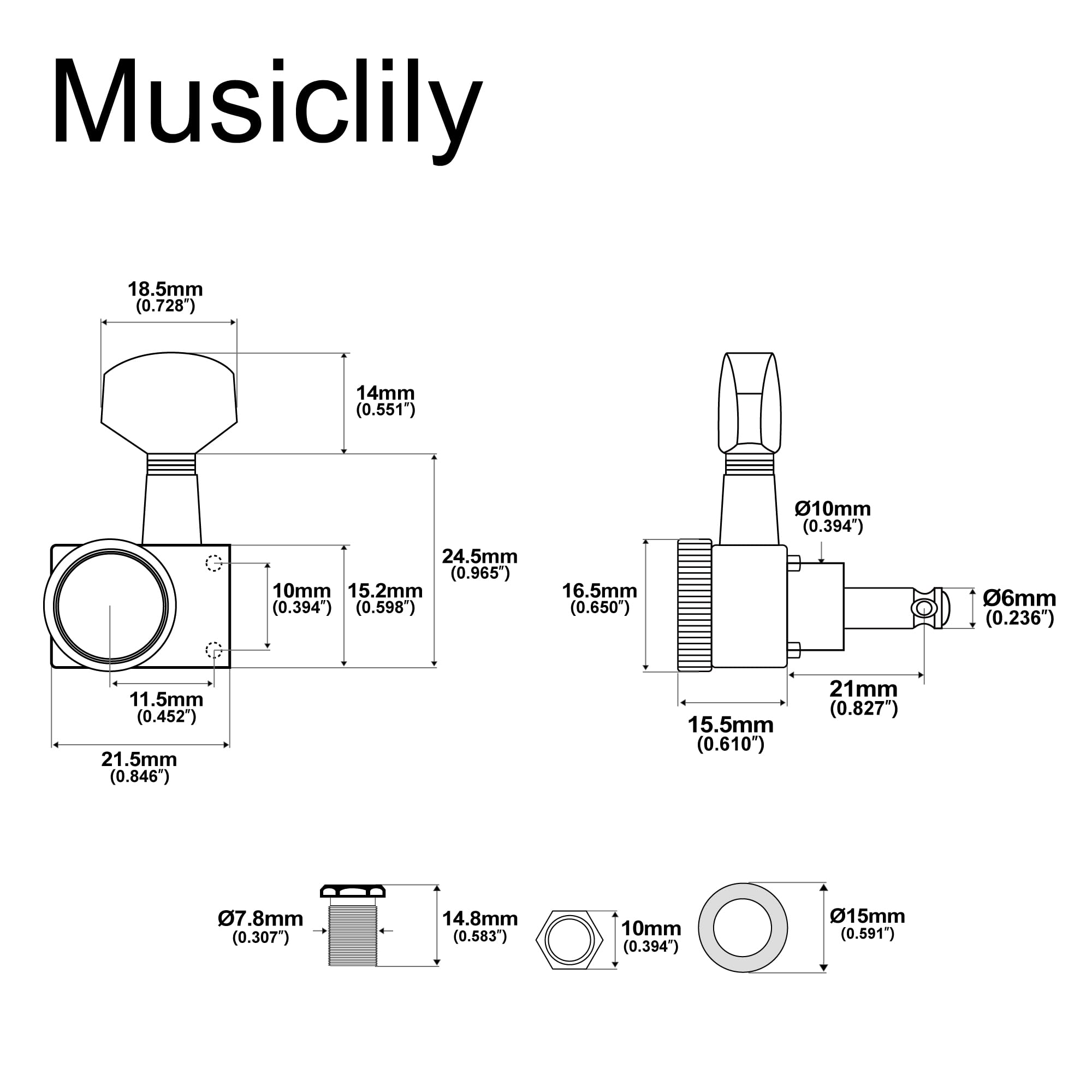 Musiclily Pro R18K-06 Mancino L6 2-Pin Meccaniche Autobloccanti Nero | Paletta Esagonale per Chitarra Elettrica Fender Strat Tele