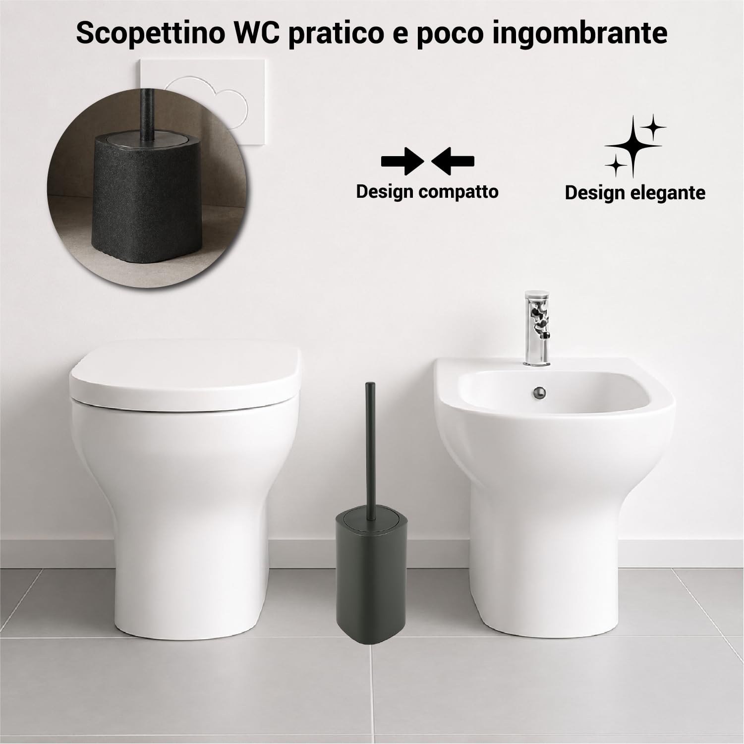 Crisalide® - Escobilla WC con escobilla triangular de Ecoallene, cerdas negras, recipiente antigoteo, cepillo oculto, diseño compacto para baño, color antracita