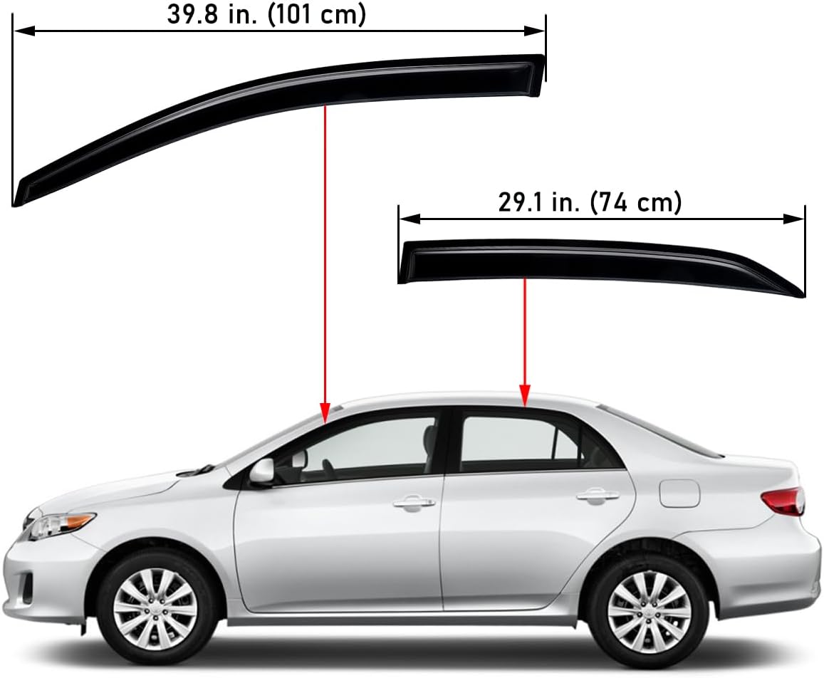 Lightronic Extra Durable Outside-Mount Auto Vent Window Visor, Fits 2009-2013 Toyota Corolla Sedan, UV Protection Rain Guard, Original Wind Deflector, No-Drill Easy Install, Dark Smoke, 4-Pcs