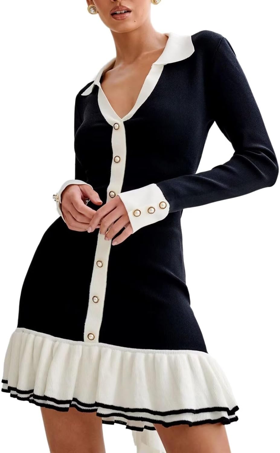 Sheface Women's Long Sleeve Ruffle Hem Knit Sweater Dress Collared Back Tie Knot Cut Out Mini Bodycon Dress