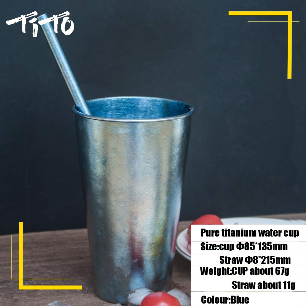TiTo Tasse Portable en Titane avec Paille en Titane pour café, vin, bière, thé, Eau, Pique-Nique, Barbecue, Voyage, Camping, randonnée, Chasse 480 ML, Bleu Clair