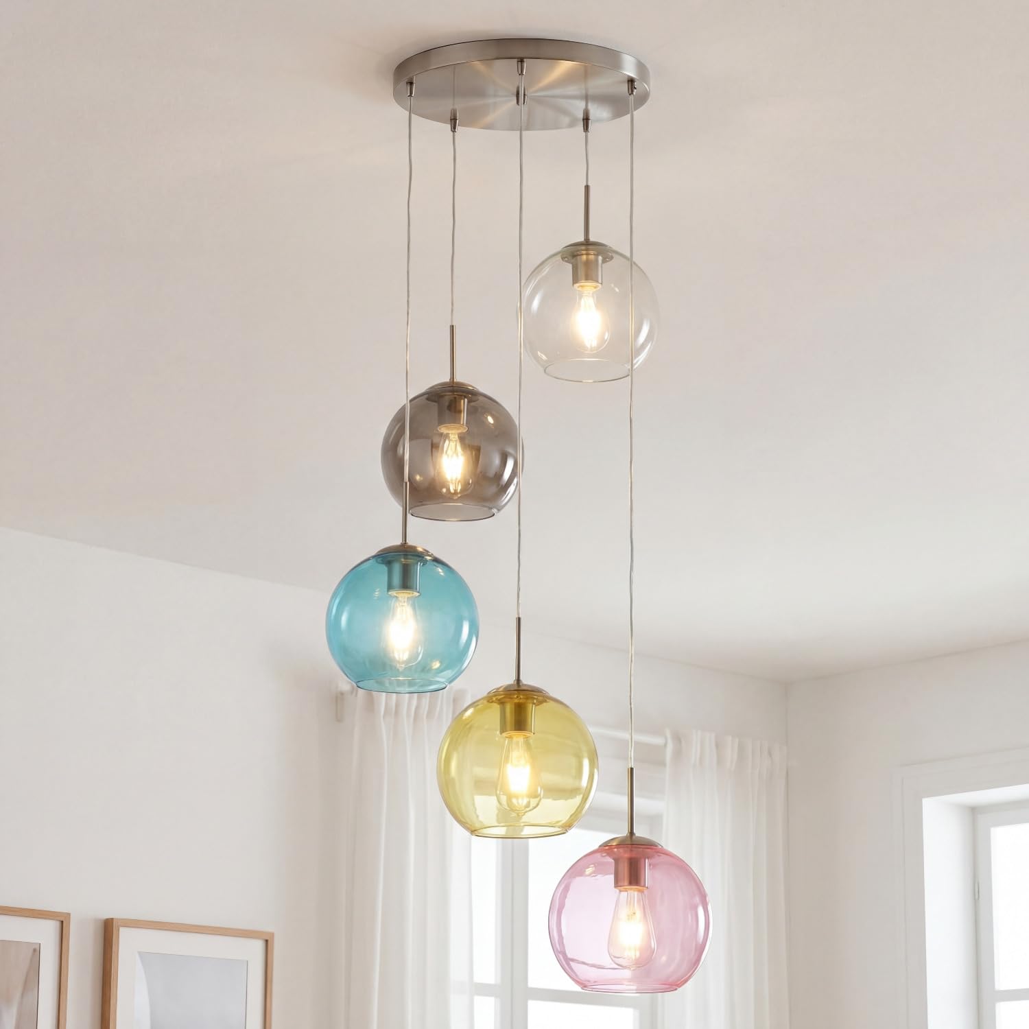 Lampada a sospensione in vetro colorato Ø 50 cm H: max. 1,2 m paralumi a sfera orientabili 5 fiamme E27 lampada a sospensione tavolo da pranzo soggiorno