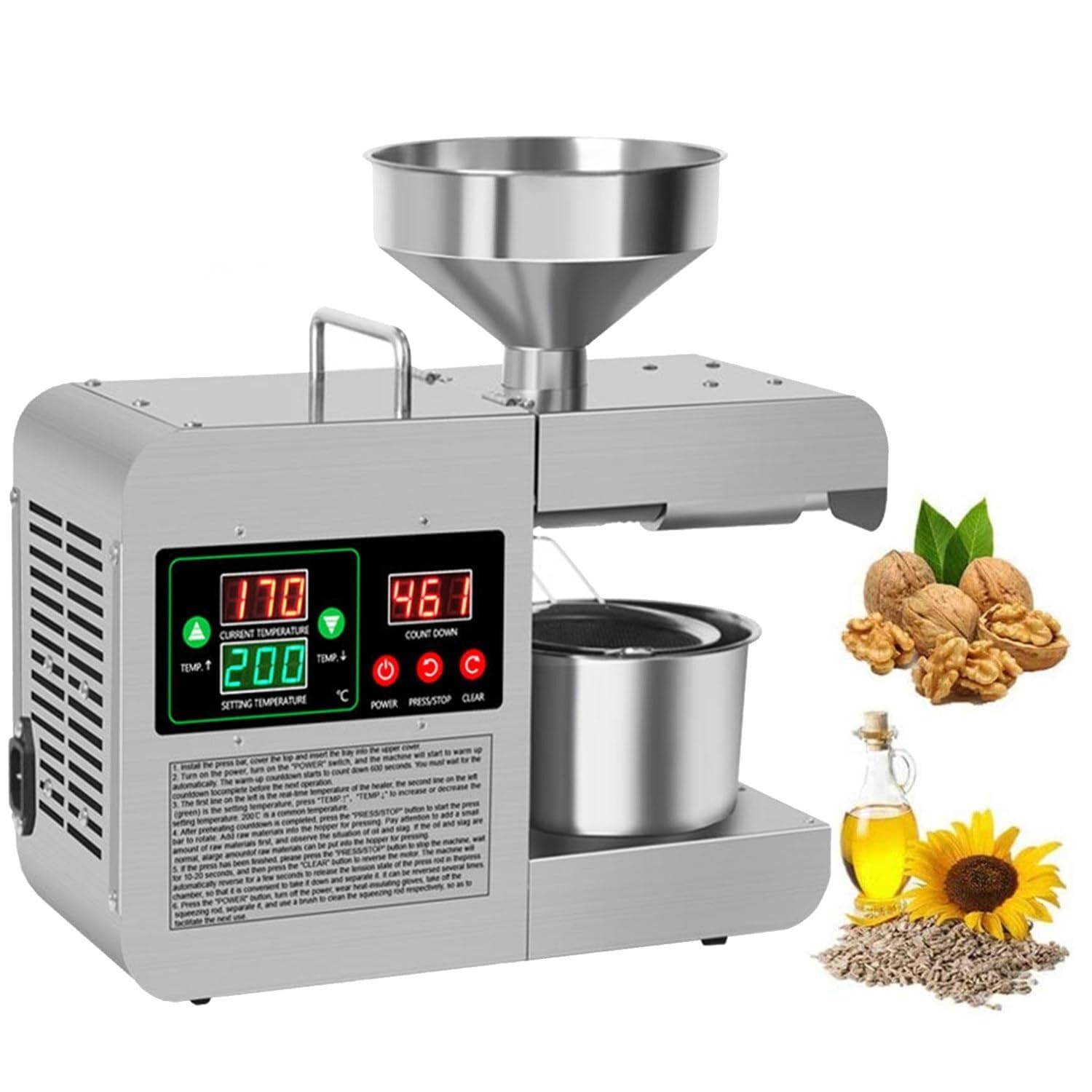 MYUYEE Oil Press Machine Seed Oil Maker Stainless Steel, Cold Hot Press Seed Oil Extractor, Organic Oil Maker Intelligent Oil Mill for Commercial Home Kitchen