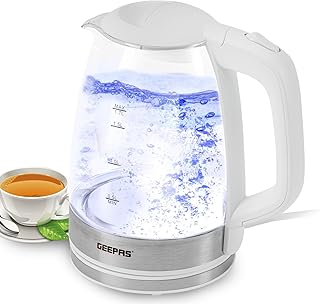 Geepas 1.7L Illuminating Electric Glass Kettle – 2200W Cordless Glass Jug Kettle with Stainless Steel Heating Element – Auto Shut Off & Boil Dry Sensor – Cord Storage, Hot Water Tea or Coffee, White