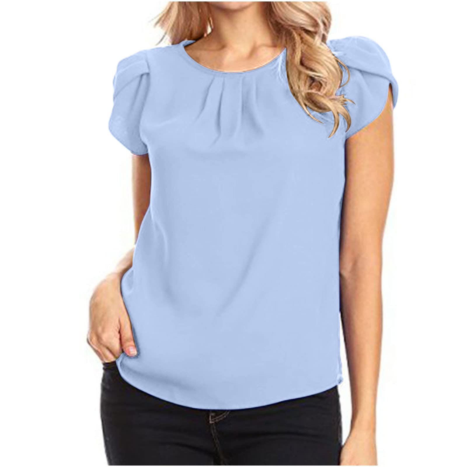 Summer Shirts for Women Fashion Crew Neck Tops Trendy Cute Ruffle Short Sleeve Solid Blouses Casual Loose Comfy Tees
