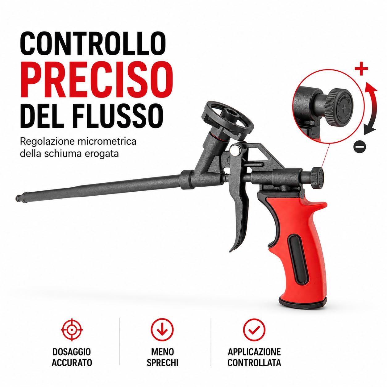 Pistola per Schiuma Poliuretanica | Corpo in Metallo con Rivestimento Antiadesivo PTFE | Regolazione Precisa del Flusso | Impugnatura Ergonomica | Per Schiume PU, Serramenti, Isolamento e Riempimento