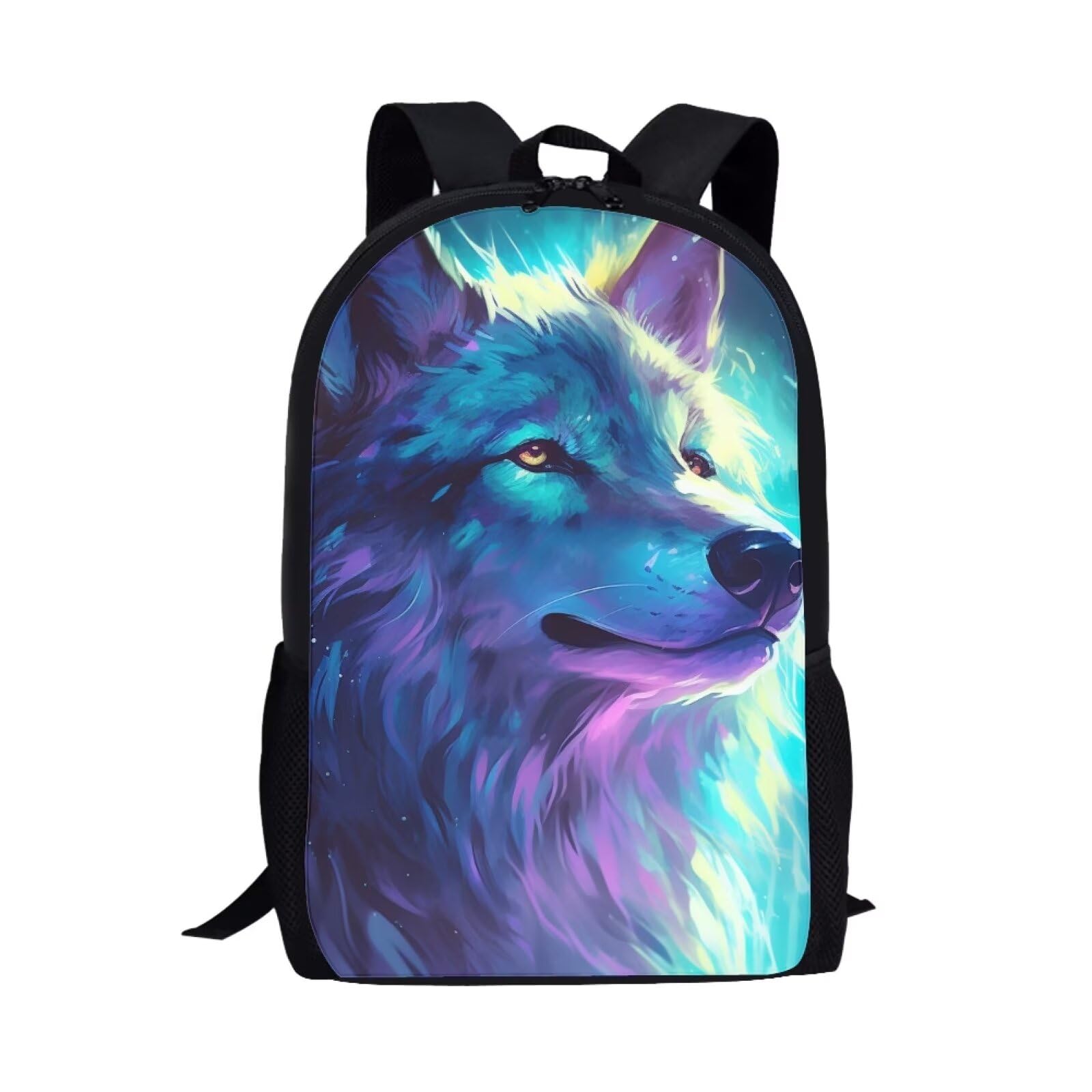 Cool Wolf Backpack for Boys Girls Novelty Cute Graphic Animal Print School Backpack 17 Inch Student Lightweight Comfy Black Kids Bookbag with Side
