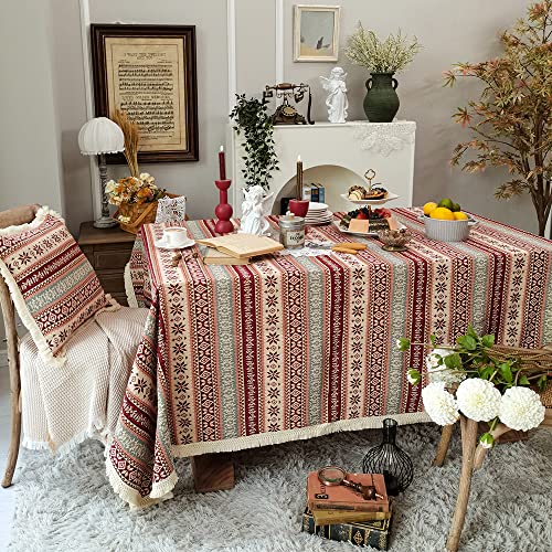 Sutavia Boho Red Tablecloth Rectangle Round Tassel Cotton Linen Table Covers Wrinkle Free Bohemian Washable Tablecloths For Holiday Party Home Dining Table Christmas (Red Coffee, 52"X70" Rectangular) #TOP5