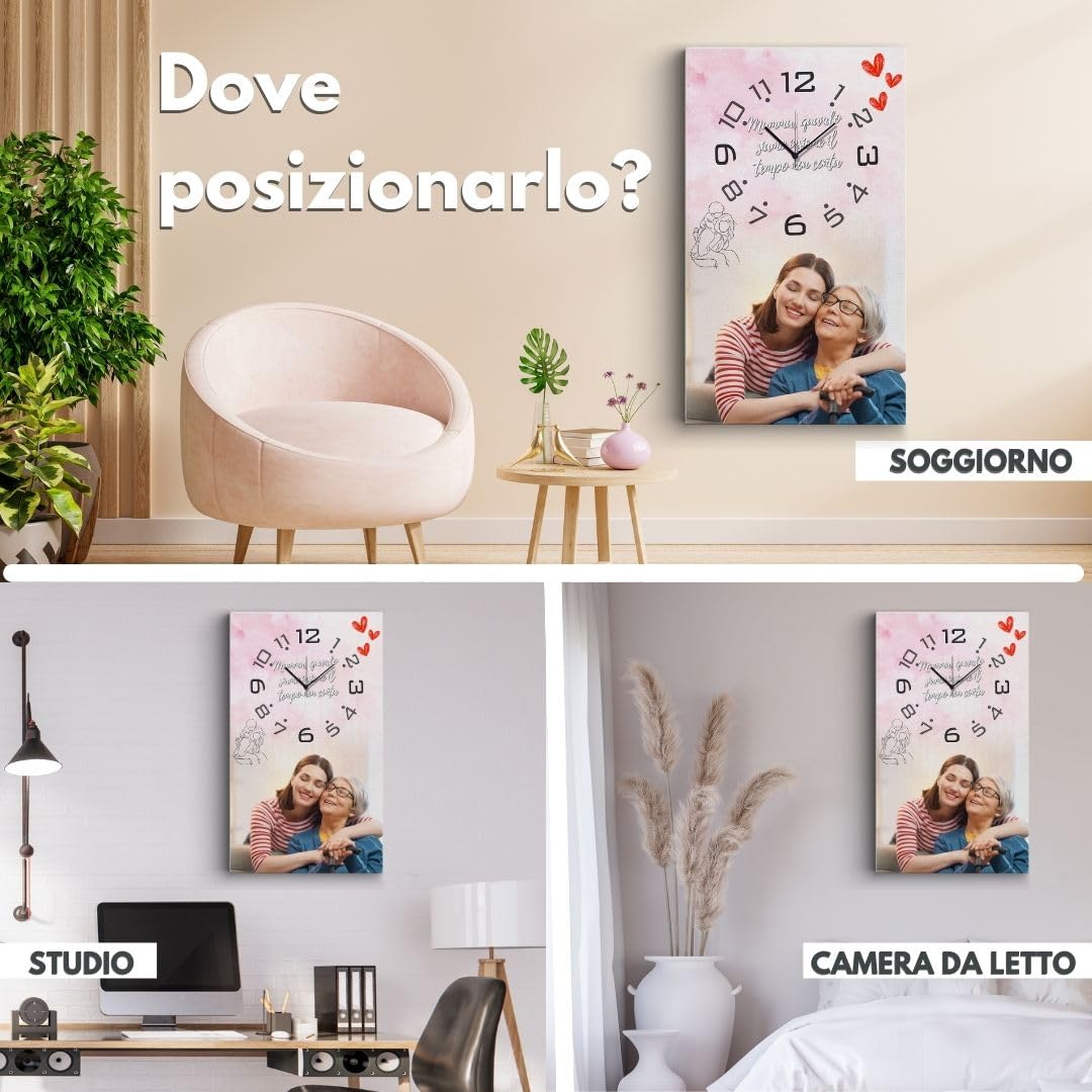 dodda - Quadro Personalizzato con Foto, Testo e Orologio con stampa in HD - Stampa Foto su Tela Personalizzata Idea Regalo Mamma