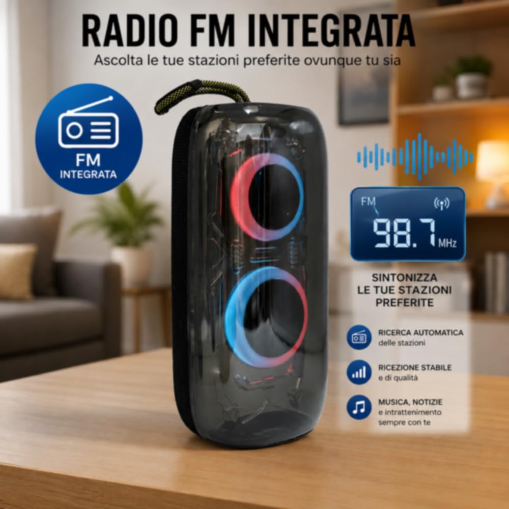 Vetrineinrete® Cassa Bluetooth 5.3 Portatile TWS RGB 20W RMS Type-C | Radio FM Integrata, Batteria 2400 mAh, Ingresso TF/USB/AUX, 60 Watt P.M.P.O, Portata 10 Metri