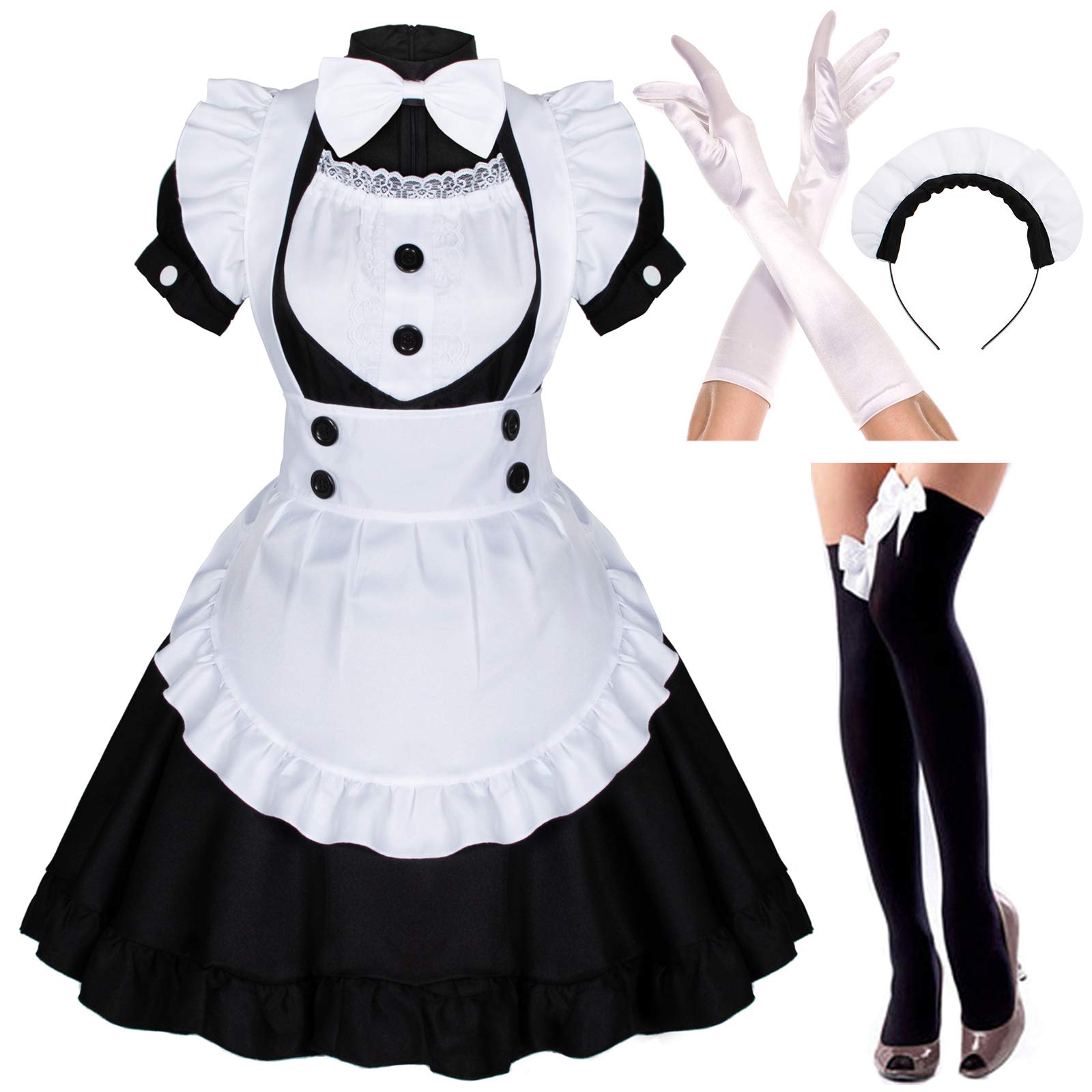 ElibelleJapanese Anime Sissy Maid Dress Cosplay Sweet Classic Lolita Fancy Apron Maid Dress with Socks Gloves Set