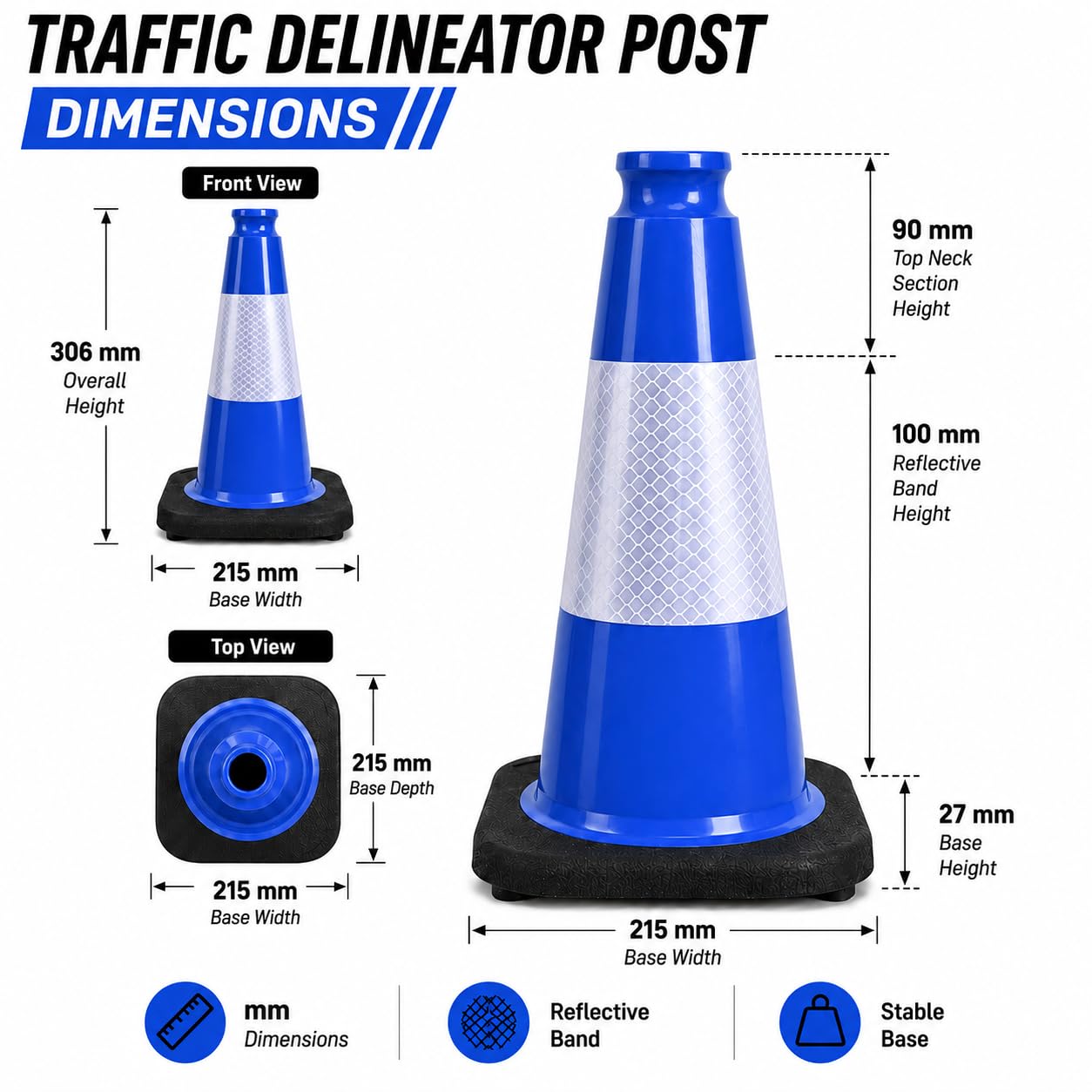 8 Cônes de signalisation 30 cm avec Base Lourde, Cônes de sécurité Haute visibilité avec Bandes réfléchissantes, Balises de Chantier Robustes pour parkings, Routes et Zones de Circulation