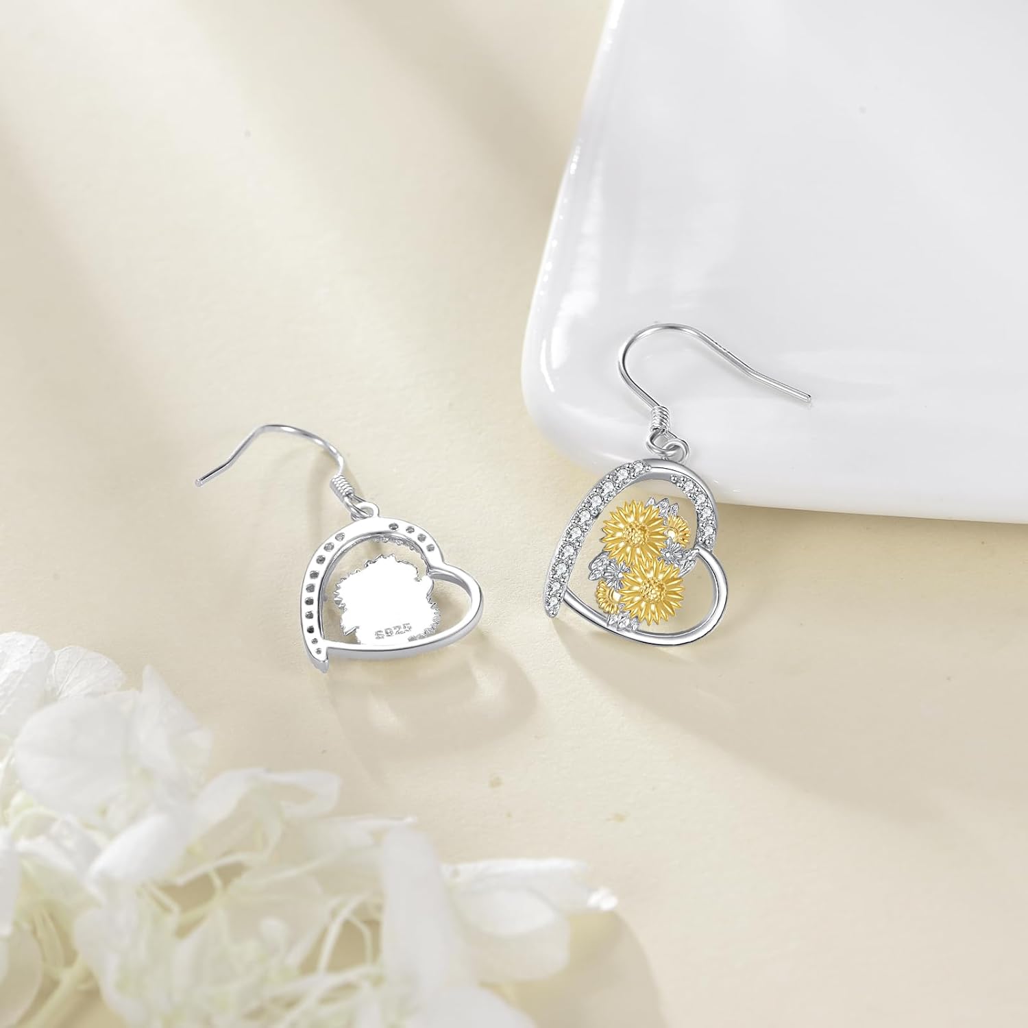Sunflower Dangling Earrings Sterling Silver Sunflower Heart Drop Dangle Leverback Earring Gifts for Women - Image 2