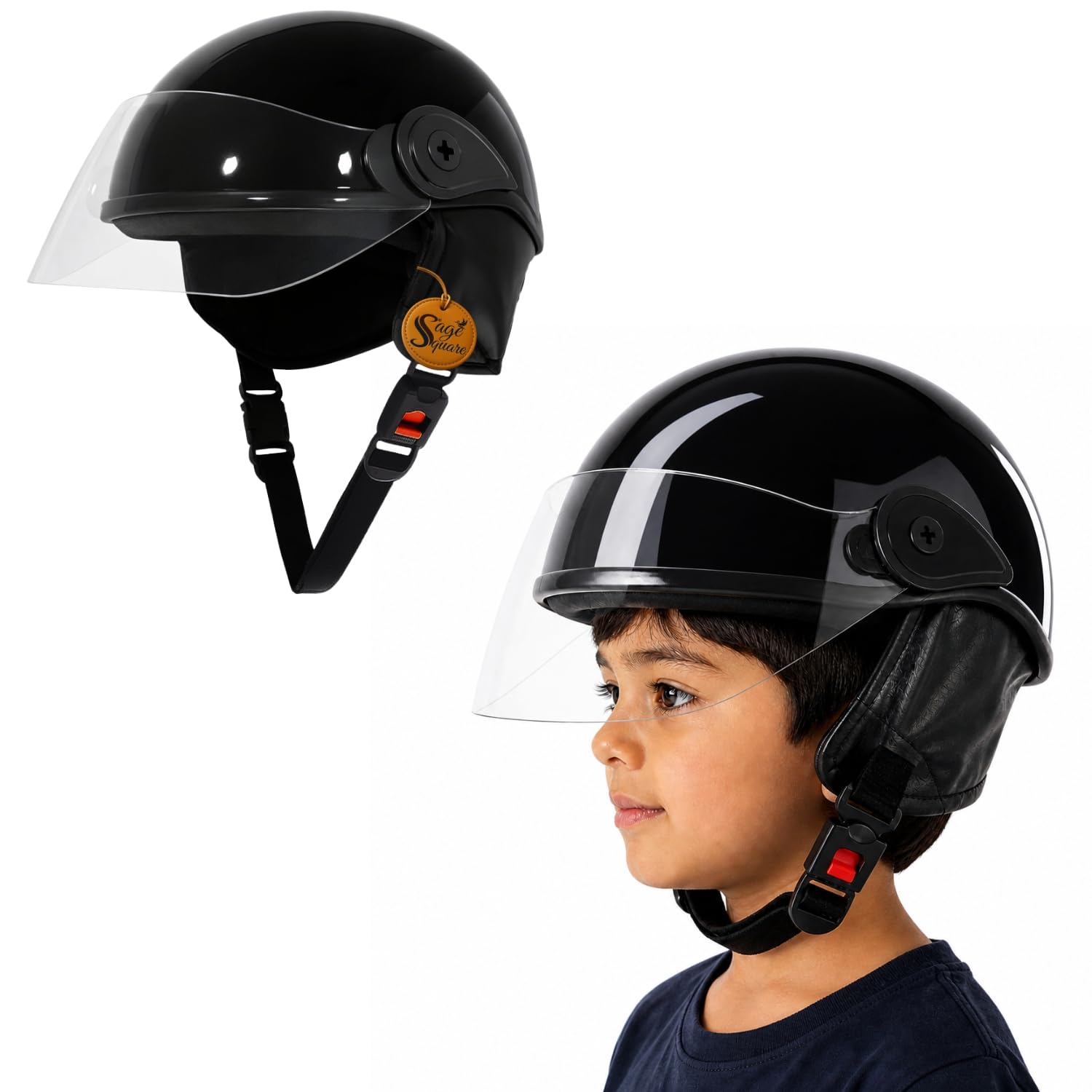 Sage Square Kids Safety Helmet with Clear Visor Protective Headgear for Cycling Skating Riding Outdoor Activities | Adjustable Child Helmet with Strap Ear Protection Shield | Black Glossy-image-33