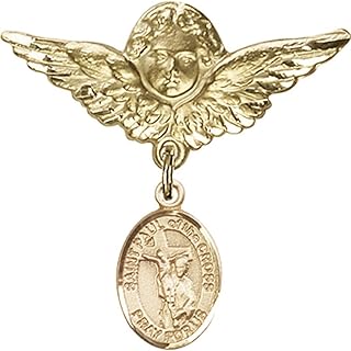 14kt Yellow Gold Baby Badge with St. Paul of The Cross Charm and Angel w/Wings Badge Pin 1 1/8 X 1 1/8 inches