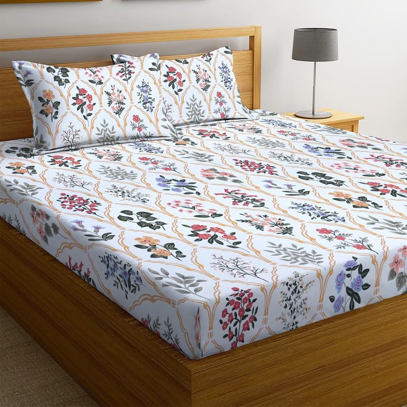 Image of NEW LEAF Premium Cotton Elastic Fitted Bedsheets with 2 King Size Pillow Covers | Double Bed with All Around Elastic 180 TC Supersoft |Size-72 King Sizex78+10 inches | Multicolour, White & Red