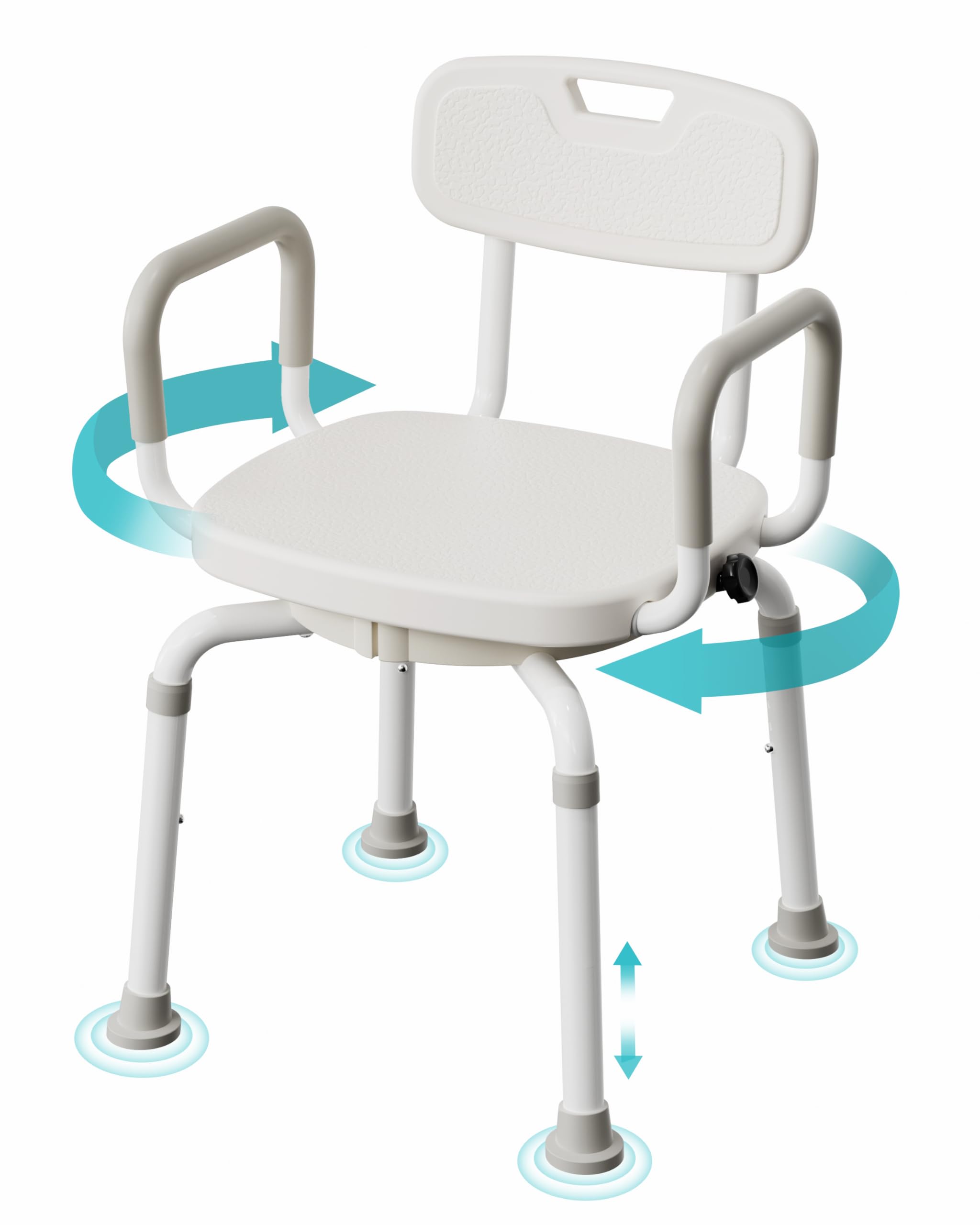 Silla de ducha giratoria para ducha interior, gira sin estar de pie, asiento de baño giratorio resistente de 660 libras con brazos y respaldo, altura ajustable de 18 a 21 pulgadas para personas