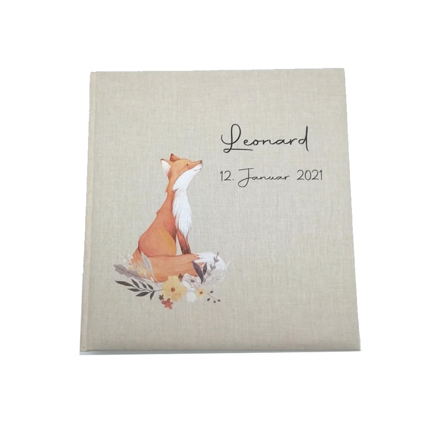 Tenii® Fotoalbum personalisiert Baby, Kind "Fuchs" Leinen, Erinnerungsalbum (30x31cm - 100 Seiten)