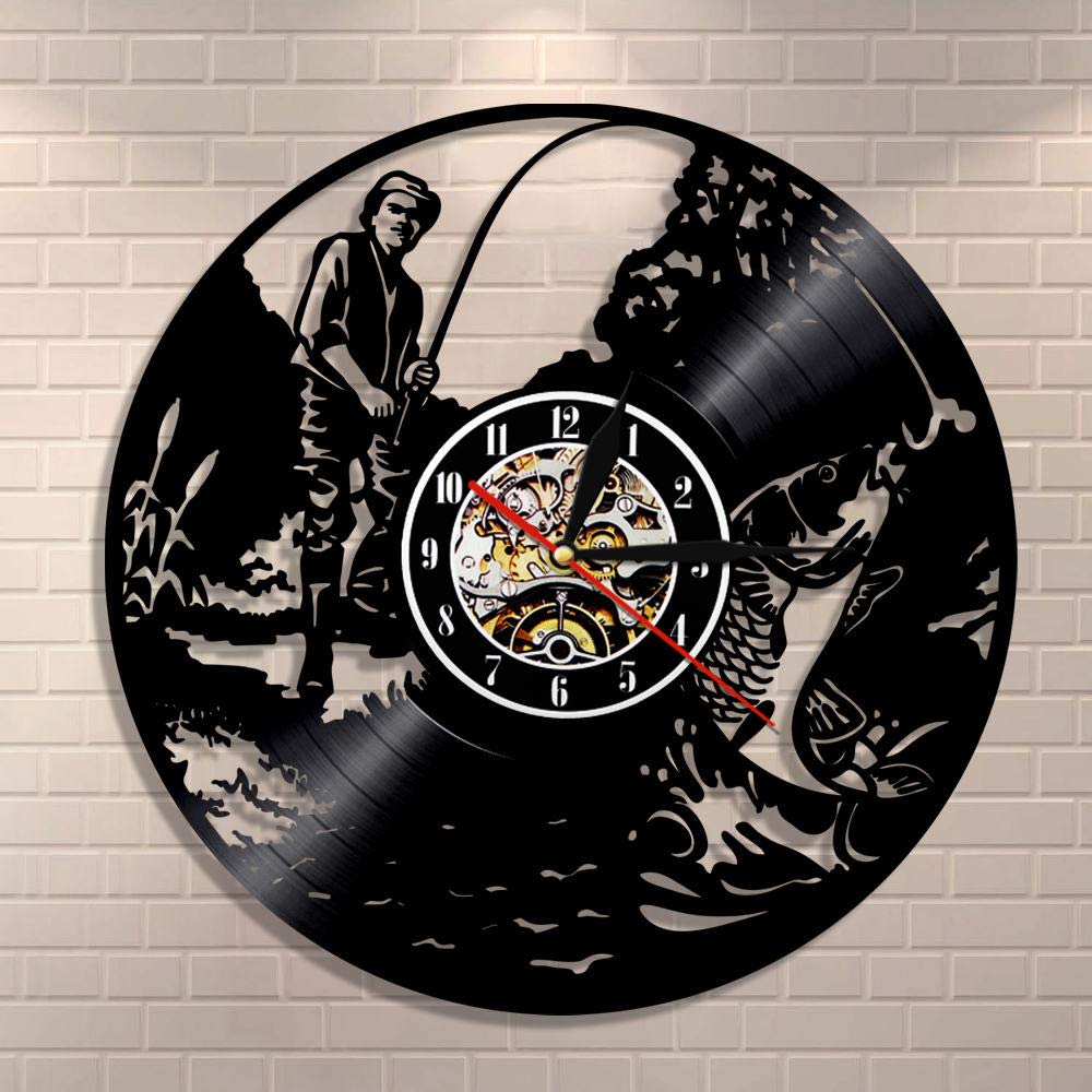 Orologio da parete andato a pescare pescatore orologio da parete vintage con disco in vinile pesca decorazioni per la casa regalo di arte della parete pescatore per gli amanti della pesca Dia 30cm 7