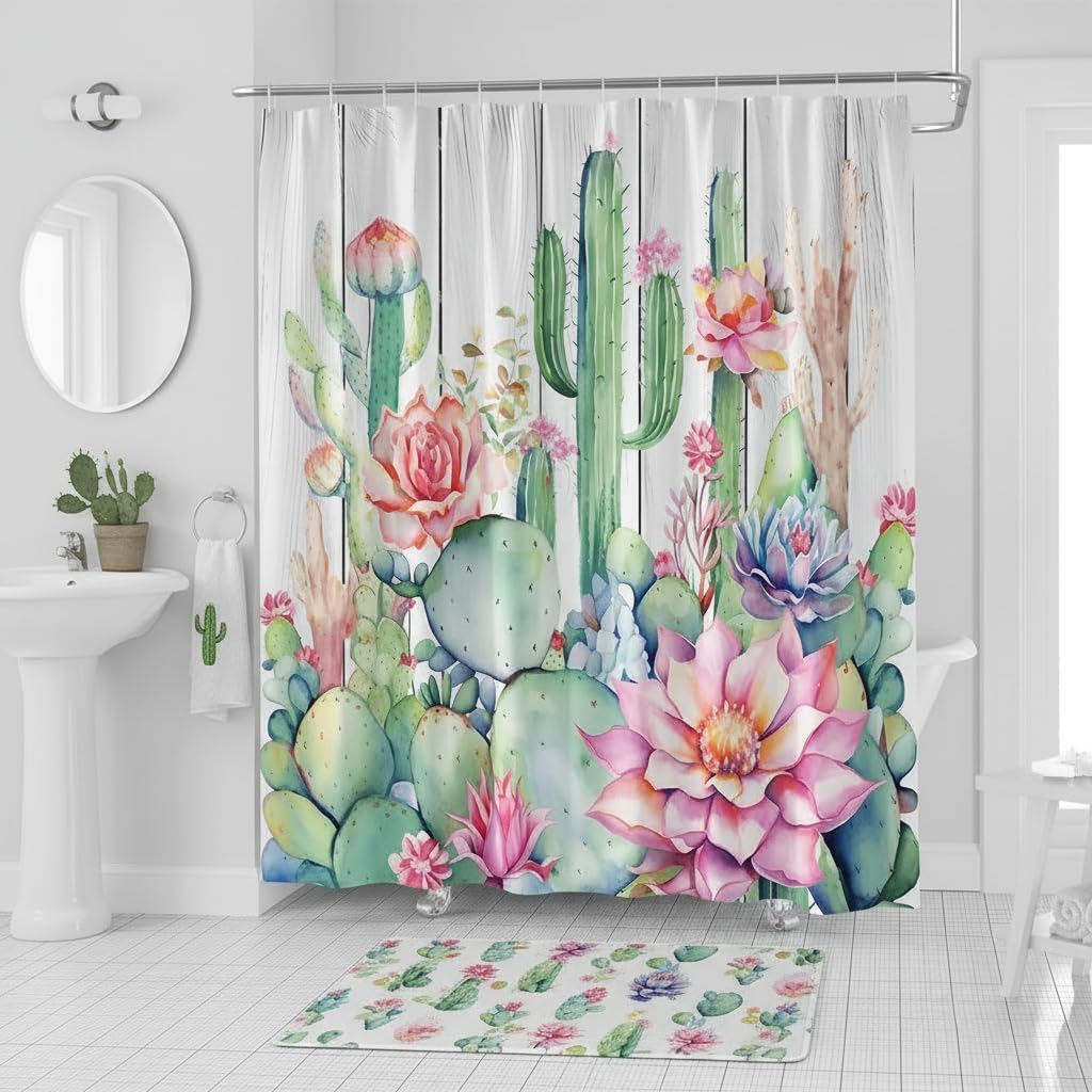 Rustic Cactus Shower Curtain Cacti Desert Succulent Tropical Flower Green Plant Wooden Board Fabric Bathroom Decor Curtains with Hooks,90 x 70
