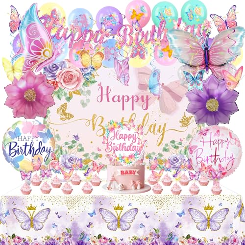 Décoration d'anniversaire papillon, Ensemble décoration d'anniversaire de 48 pièces filles, Comprend ballons papillon, Tourbillonnantes suspendues, Décorations gâteau, Nappe, Tissu fond, Bannière