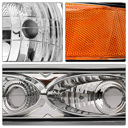 As Headlight Assembly Compatible With 1999-2002 Chevy Silverado 1500 2500/2000-2006 Suburban 1500Hd 2500Hd Tahoe Replacement Headlamp With Bumper Lights Chrome Housing Amber Reflector Clear Lens #TOP3