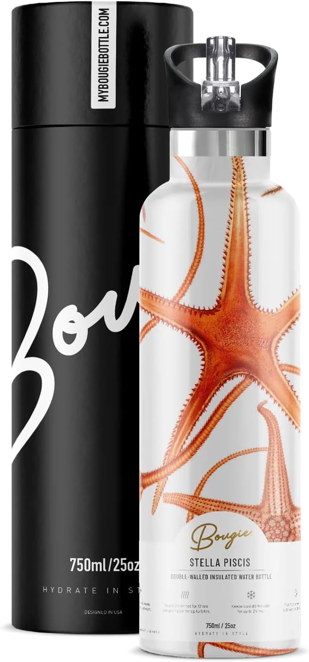 Bougie Stella Piscis Insulated Water Bottle, Gift Tube, 25-Ounces, Stainless Steel, Multicolor, Kitchen Décor