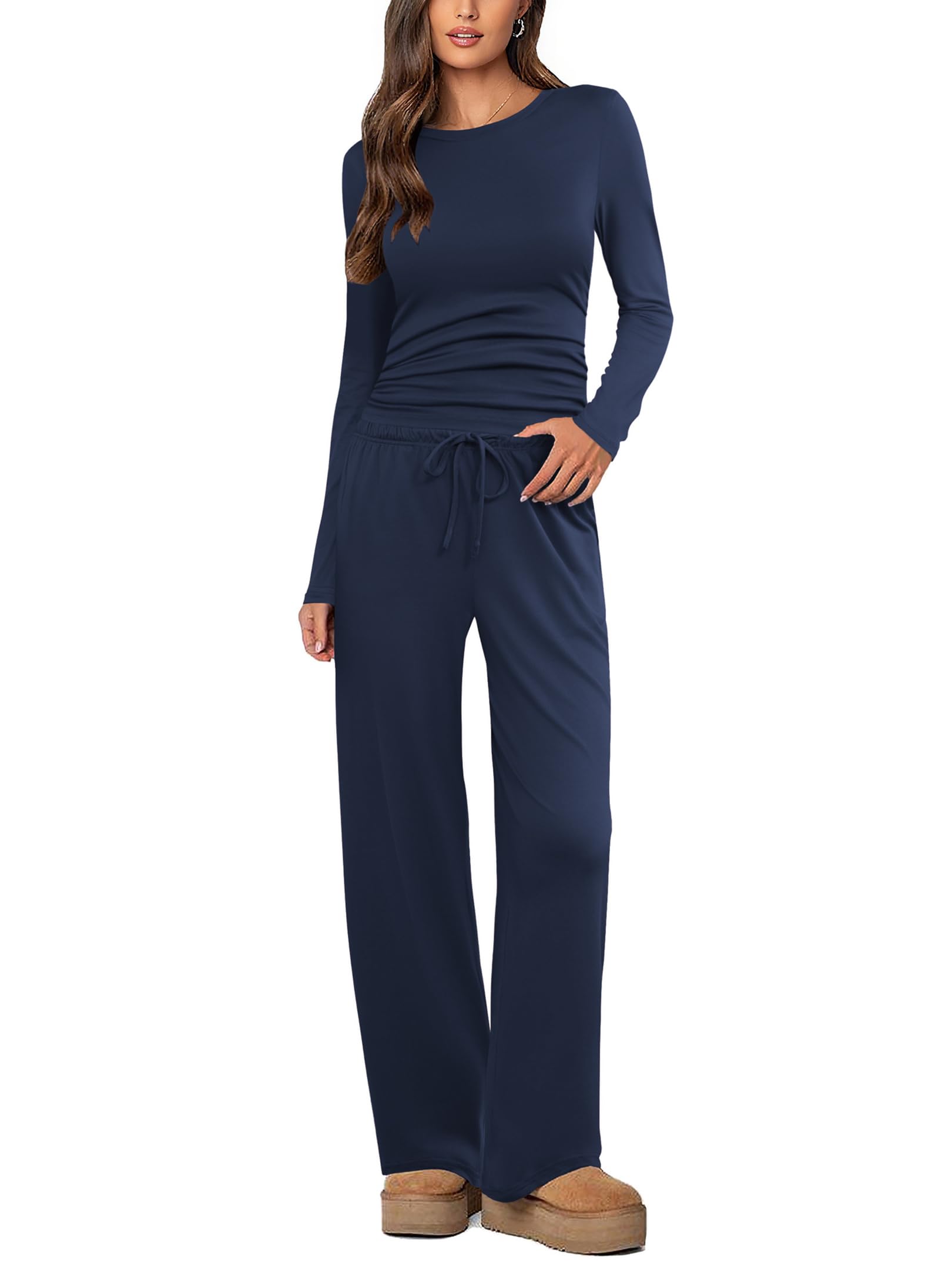 Ekouaer Schlafanzug Damen Lang Pyjama Set Zweiteiliger Hausanzug Winter Loungewear mit Tasche Tailliert S-XXL