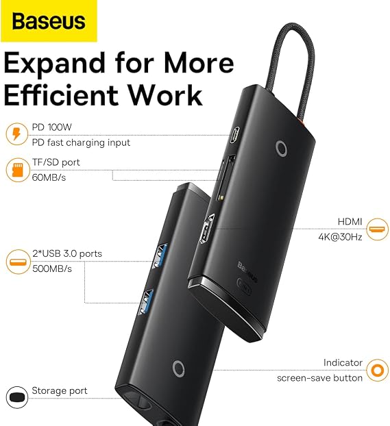 Baseus Lite 6 in 1 Multifunctional Type-C Hub Charging Station - Black