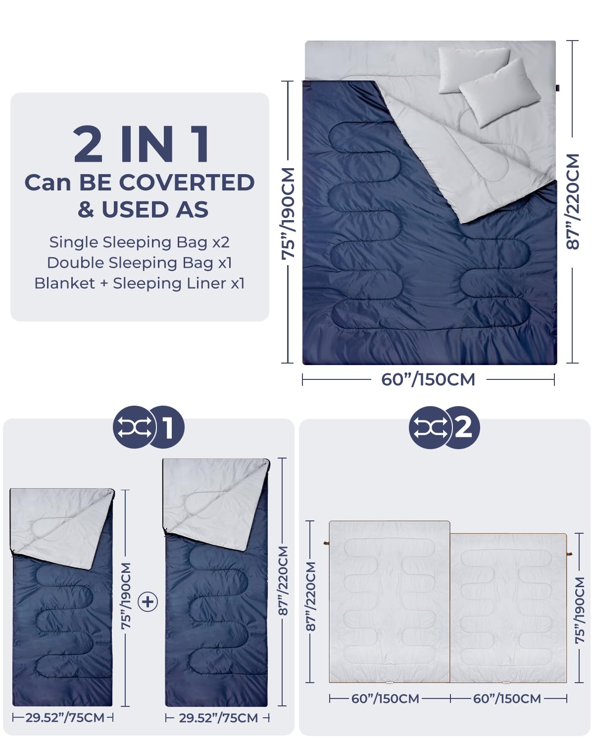 Ohuhu Sacco A Pelo Matrimoniale 220x150 Cm - 3 Stagioni, Leggero, Portatile Con 2 Cuscini, Ideale Per Coppie