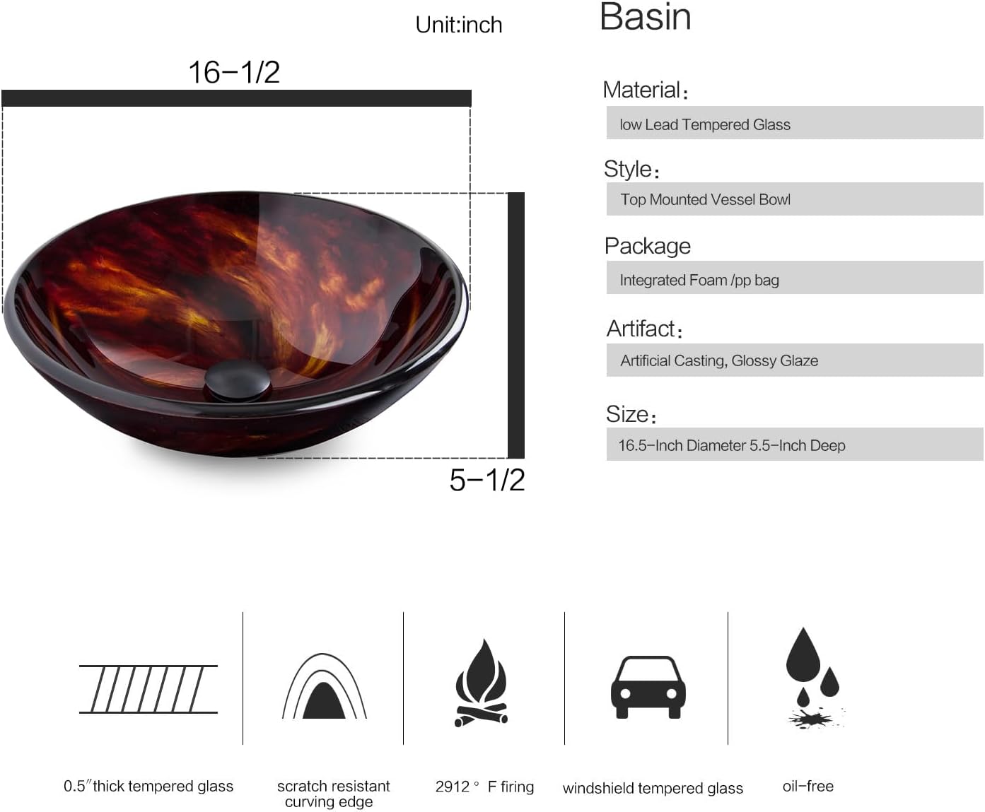 Bathroom Artistic Vessel Sink, Tempered Glass Vanity Round Bowl with Black Faucet and Pop up drain Set, Flame Red