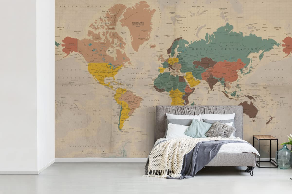 Selbstklebend Tapete Wandpapier Wandaufkleber Fototapete Tapeten Wanddeko 330x220 cm Weltkarte - Vintage - Atlas - Kind - Kind - Mädchen