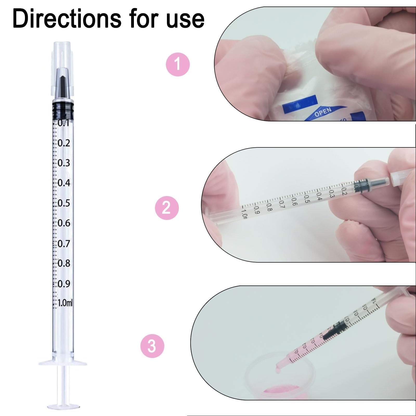 Jeringa de plástico líquido sin aguja de 1 ml, jeringa de laboratorio científico, medición de líquido, alimentación de mascotas, embalaje individualmente estéril (blanco, 100 unidades)