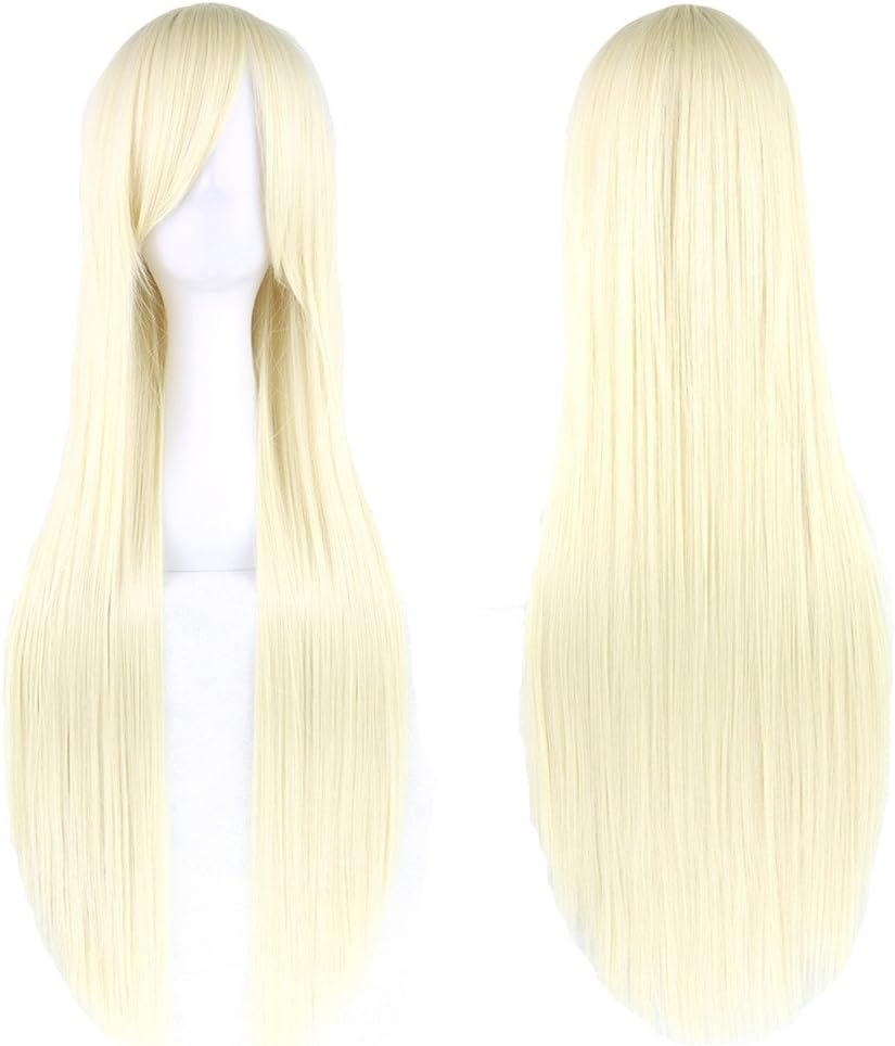 Fouriding 32" Light Gold Women's Long Straight Full Wigs Costume Synthetic Hair Hairpieces with Oblique Bangs for Halloween Anime Cosplay Party Girl Women +Wig Cap